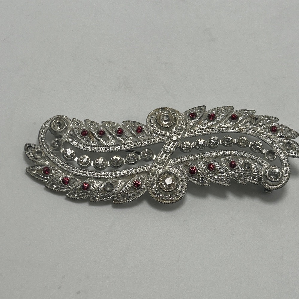 Vintage Metal Brooch Pin Red Rhinestones